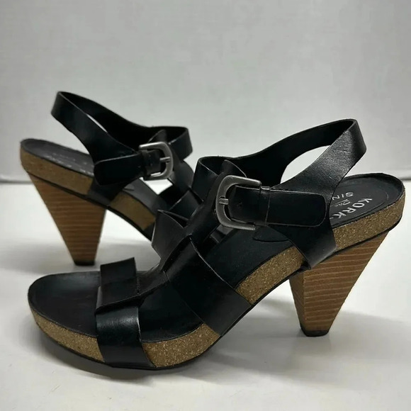 Kork-Ease Strappy Heeled Platform Sandals T-Strap Black Leather Size 36 6 - Picture 1 of 11